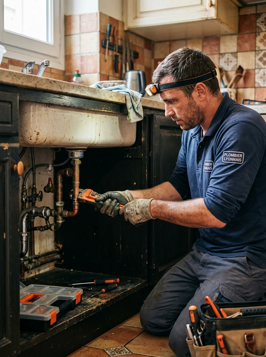 Plombier en cours d'intervention sur des tuyaux